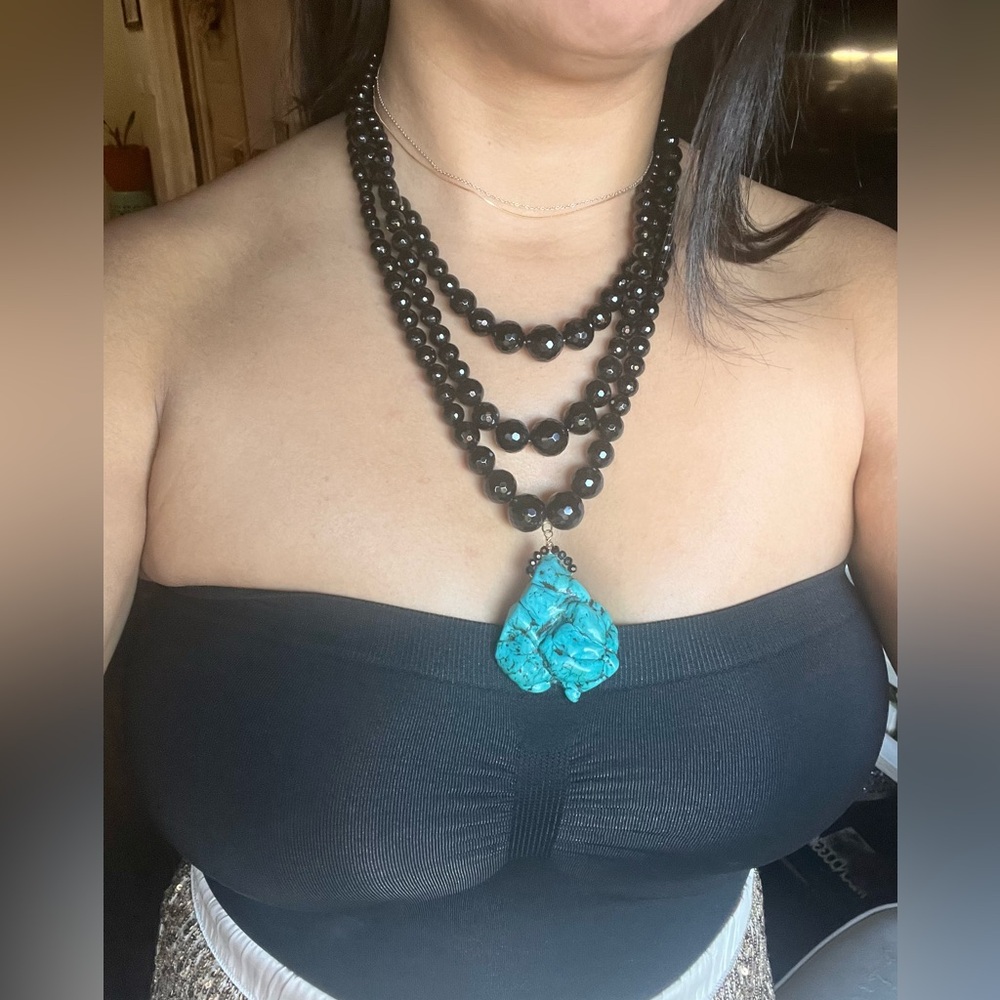 Carroll Dorsey Walker real Green  Turquoise Pendant and black stones Necklace